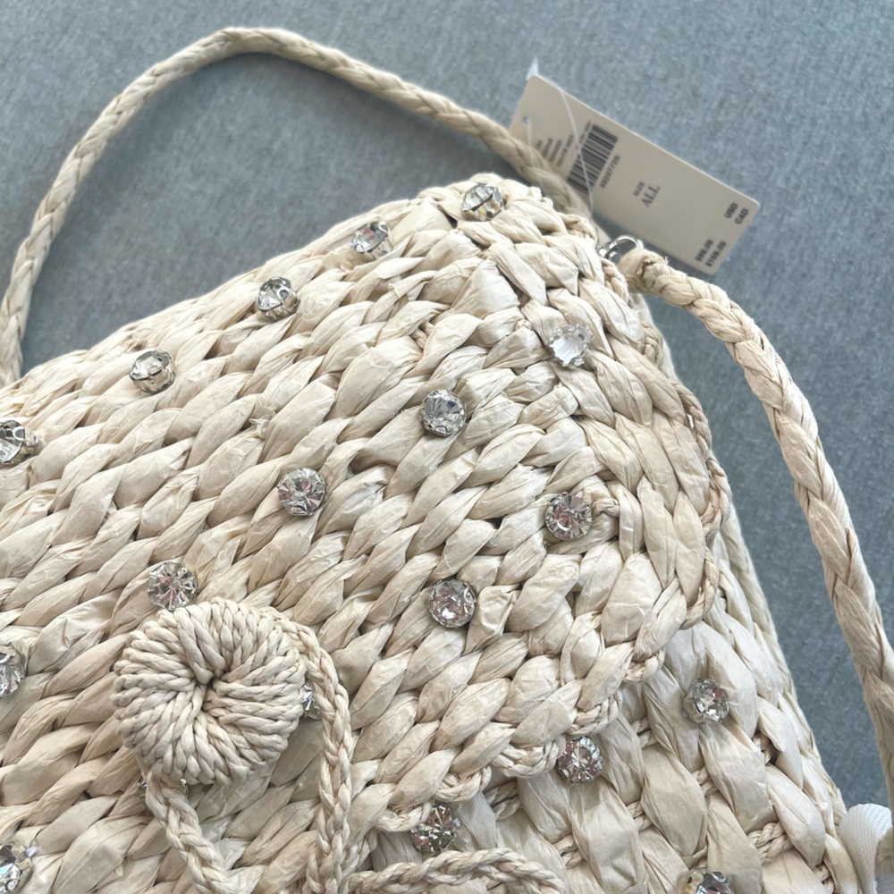 Anthropologie Embellished Straw Crossbody‎ Bag NWT Tan Cream Woven - Picture 9 of 11